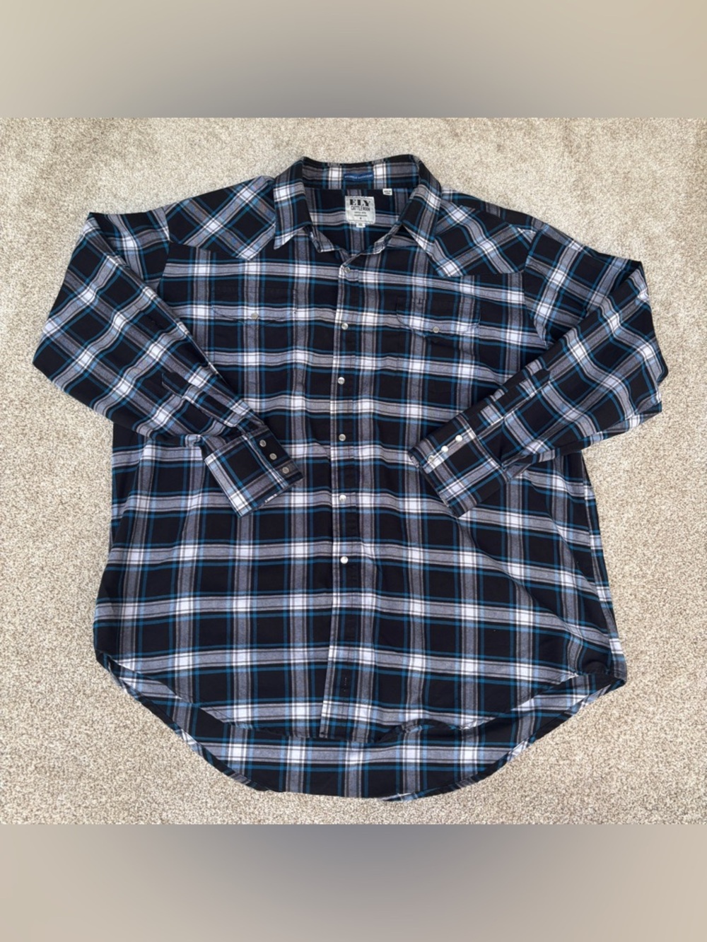 Ely Cattleman Men's XXL Long Sleeve Pearl Snap Western Shirt Black Blue Check
